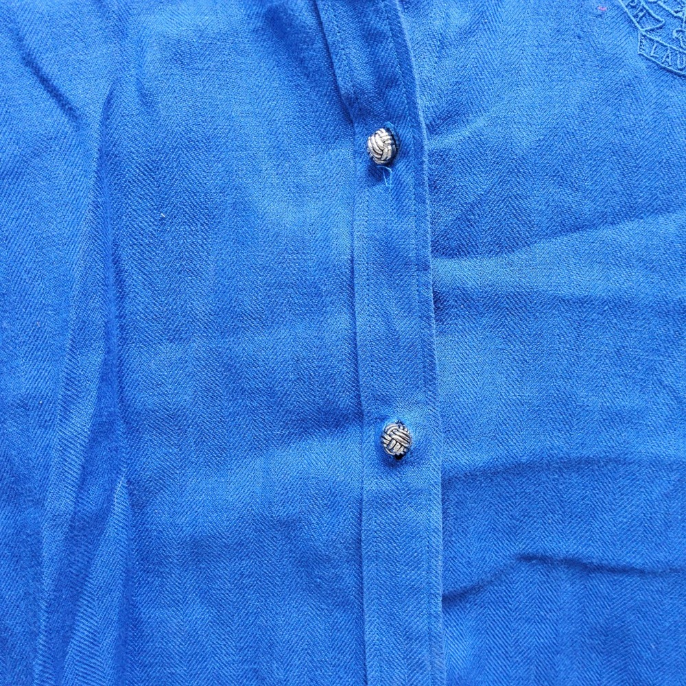 Lauren Ralph Lauren Button Down Women XL Blue Linen Embroidered Crest 3/4 Sleeve - Picture 6 of 10